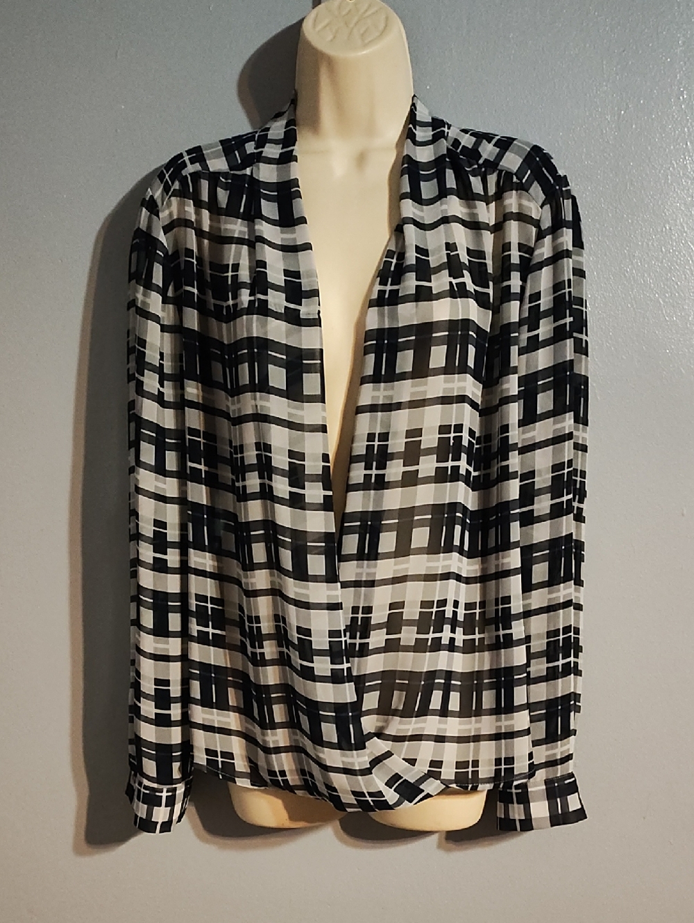 Alfani Women's Navy Blue and White Plaid Draped Front Blouse